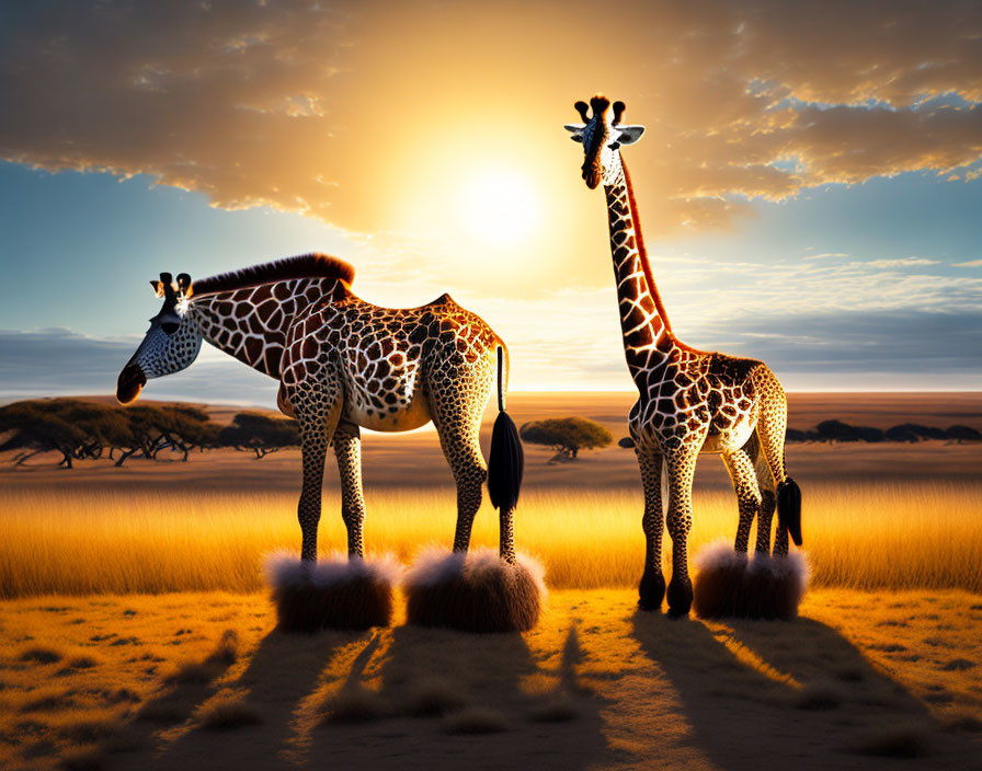 Savanna sunset scene with two giraffes and long shadows