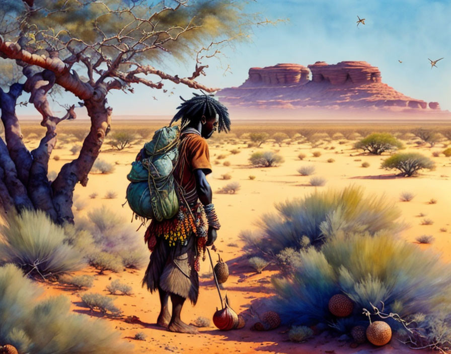 Person in traditional attire with backpack in desert landscape surrounded by rocky plateaus, tree, and vegetation.