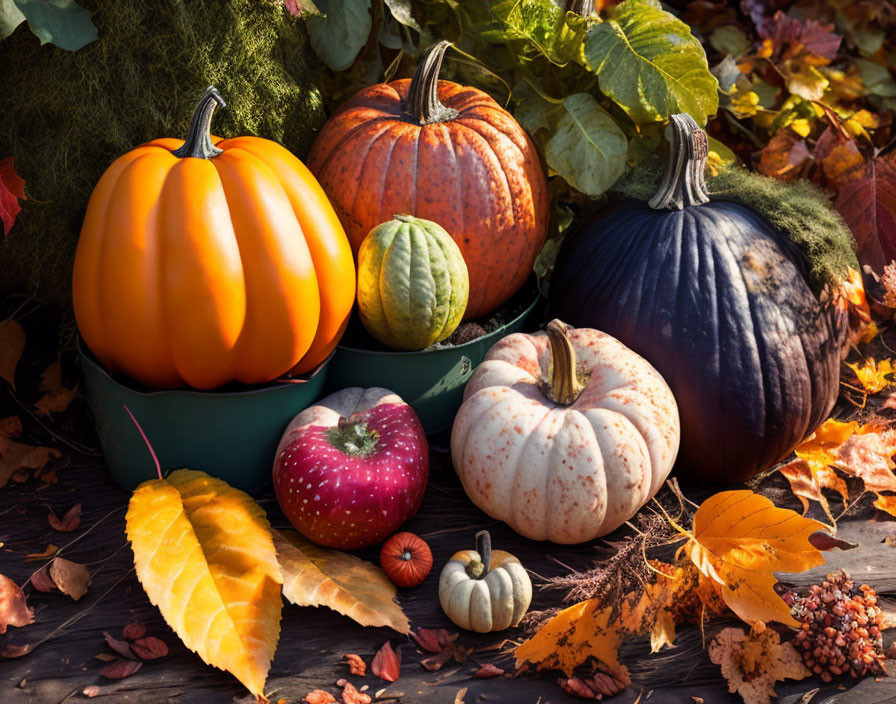 Assorted pumpkins, squashes, and apple on autumn leaves