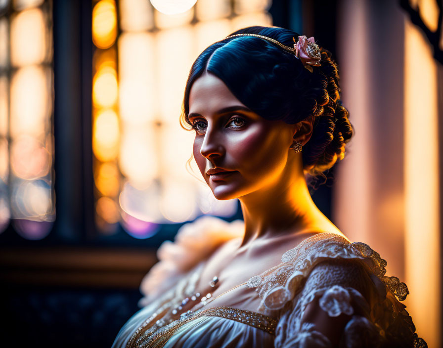 Vintage Attire Woman Standing by Window in Warm Light