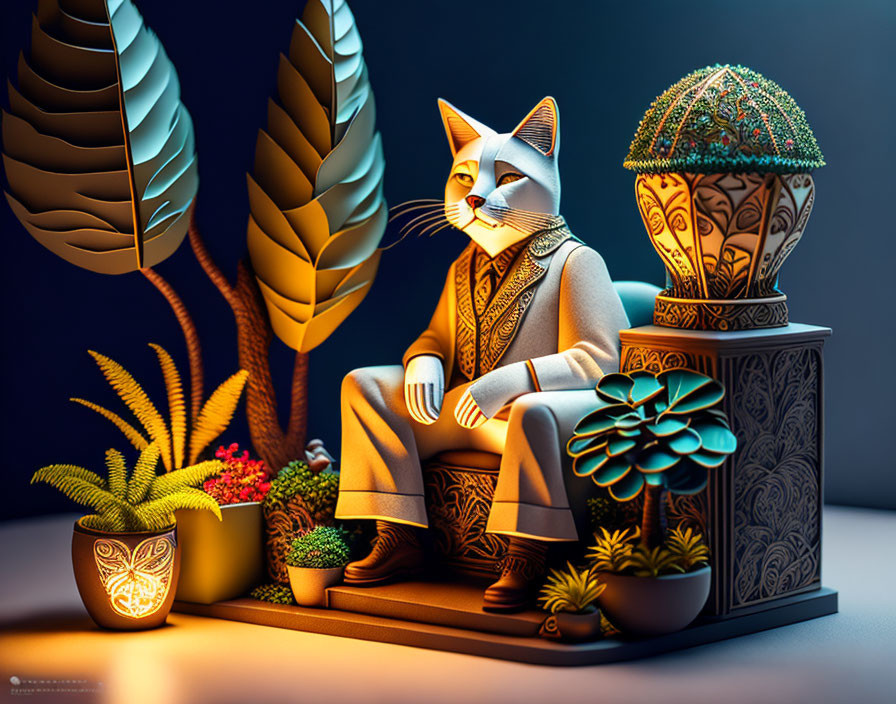 Elegant anthropomorphic cat beside glowing plants and ornate pots