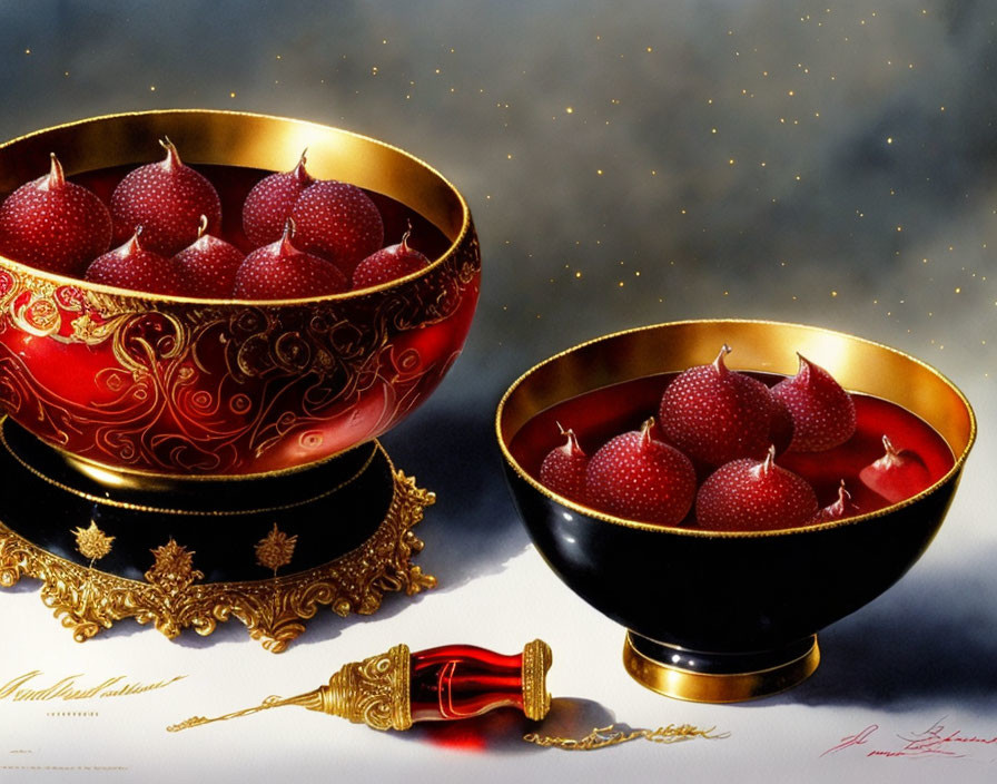 Ornate bowls with red fruits, tipped bowl, golden knife, artist's signature