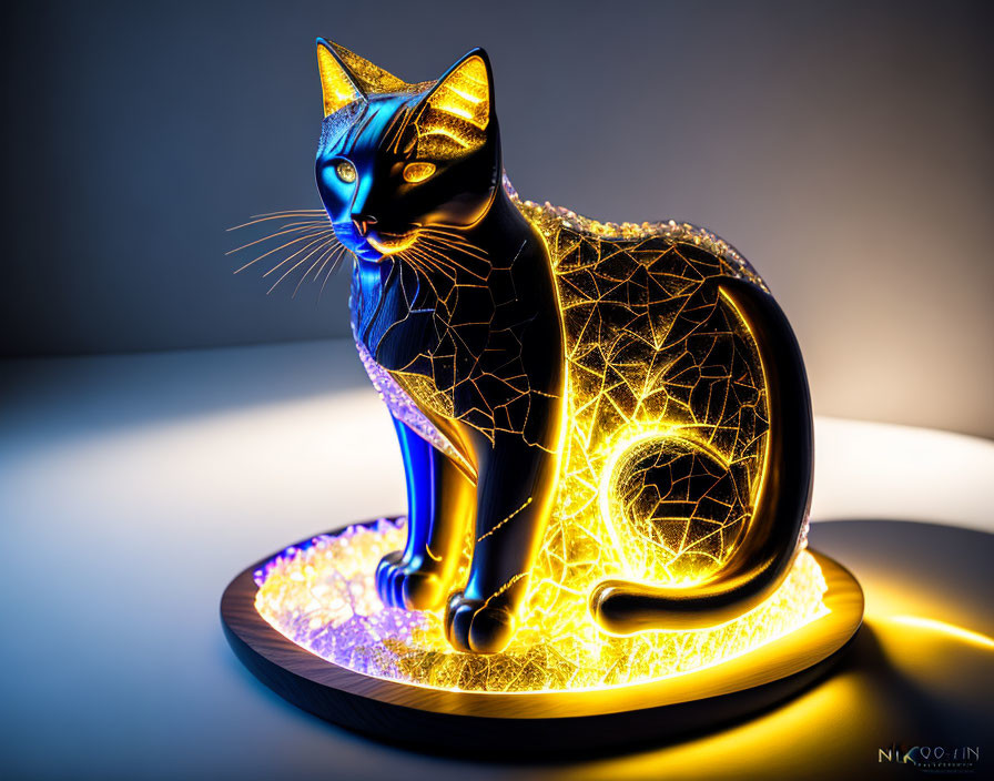 Golden crack pattern luminescent cat sculpture on circular base with ethereal glow.