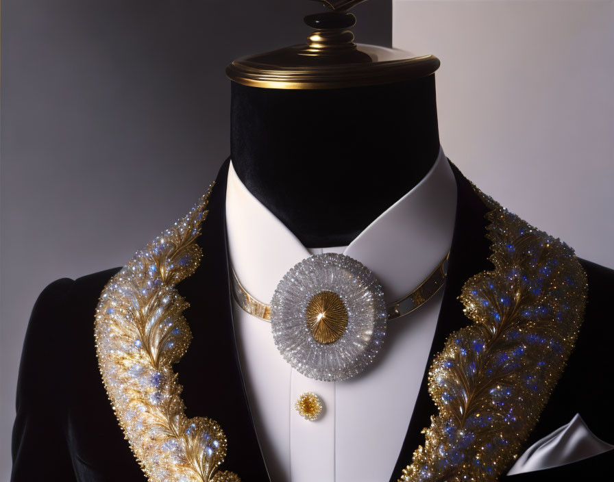 Luxurious black tuxedo mannequin bust with gold and diamond accents