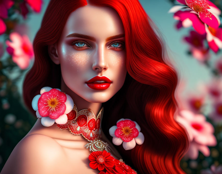 Vibrant red hair woman with blue eyes and floral backdrop