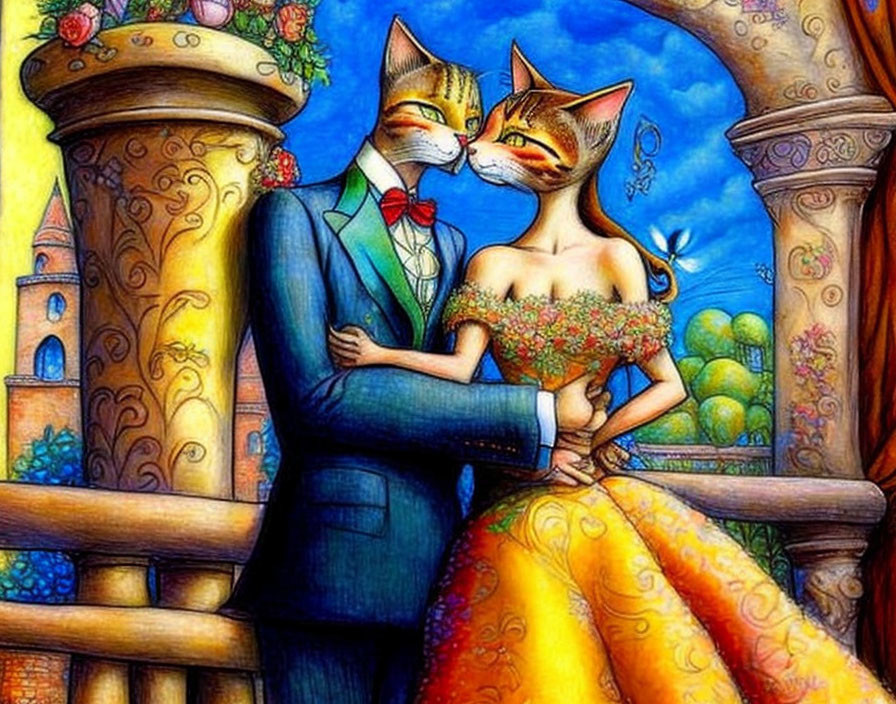Elegant anthropomorphic cat couple embracing under whimsical archway