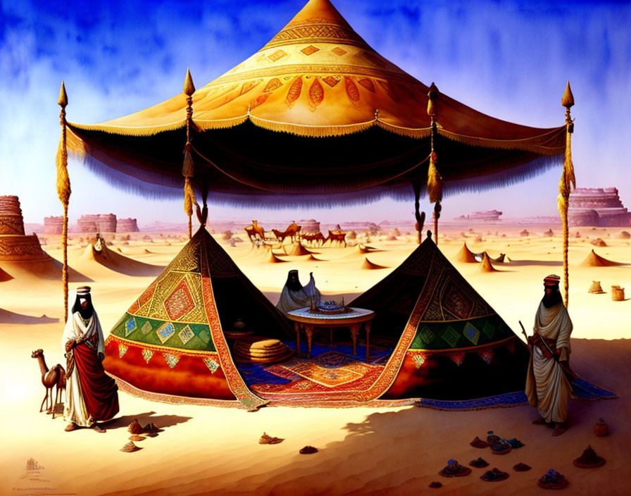 Colorful desert tent with traditional attire individuals under blue sky