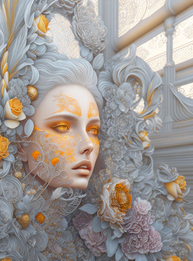 Detailed digital artwork of woman's face with floral patterns, golden accents, serene expression & architectural backdrop