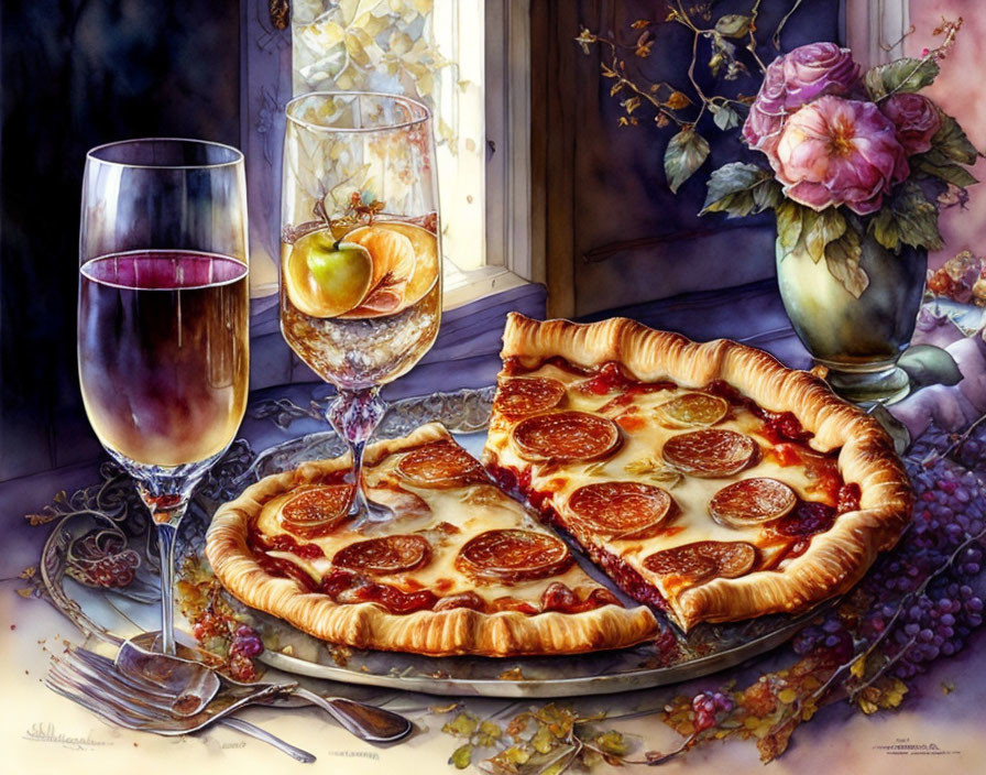 Meal scene painting with pepperoni pizza, wine, cutlery, and flowers by a window