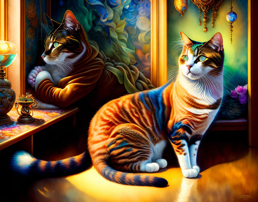 Vibrant cats in ornate room with stained glass and glowing lamp
