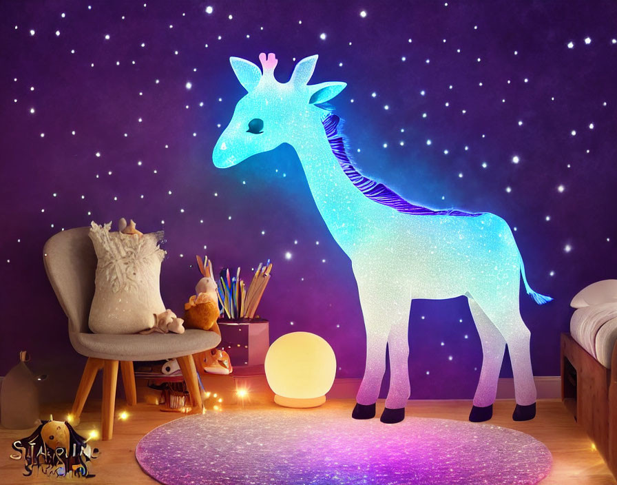 Glowing giraffe illustration in cozy room with starry background