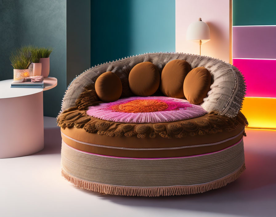 Round sofa with plush cushions and fringed base in contemporary room with colorful geometric walls