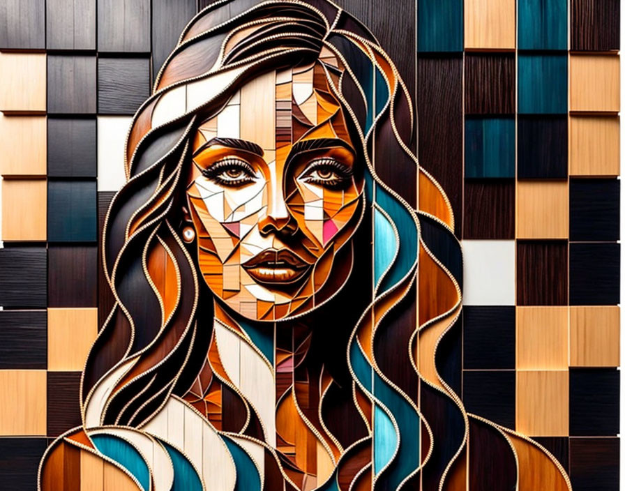 Colorful Stylized Mosaic Portrait of Woman with Flowing Hair