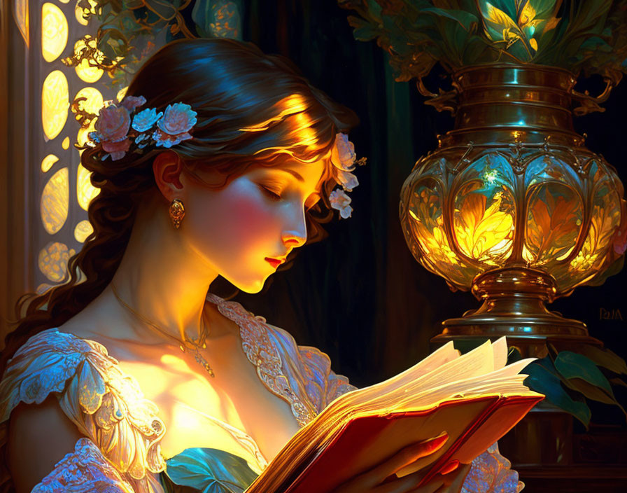 Woman reading book with flowers in hair under lamp light in blue dress