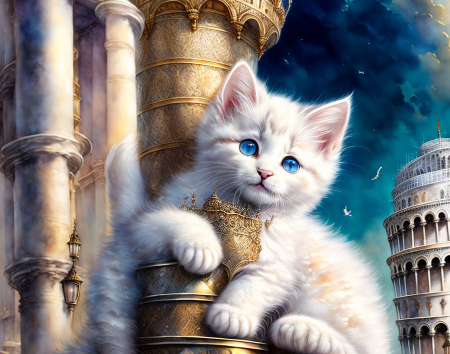 Fluffy white kitten with blue eyes on golden architecture under starry night sky