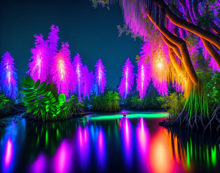Neon-lit fantasy forest with purple and blue trees by tranquil water