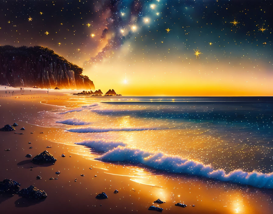 Tranquil beach scene under starry night sky