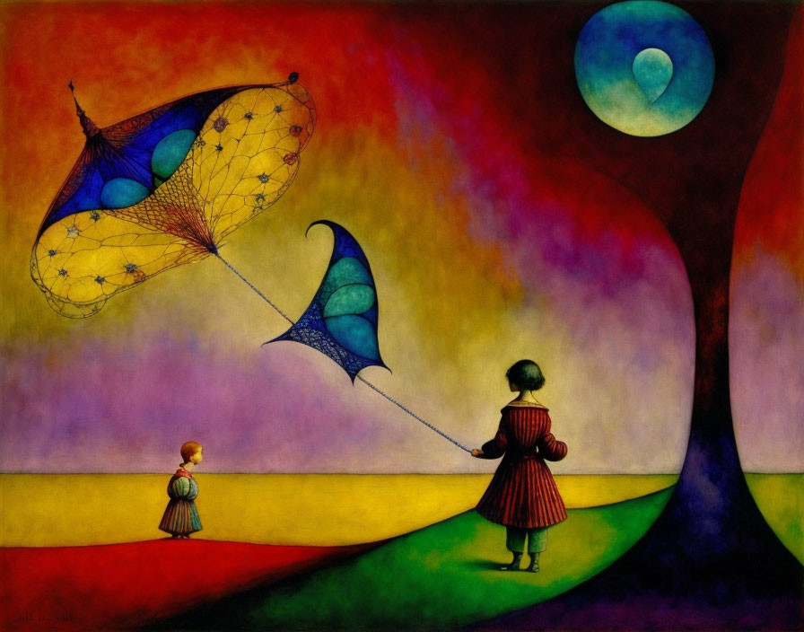 Vibrant painting: figures with umbrellas under blue moon