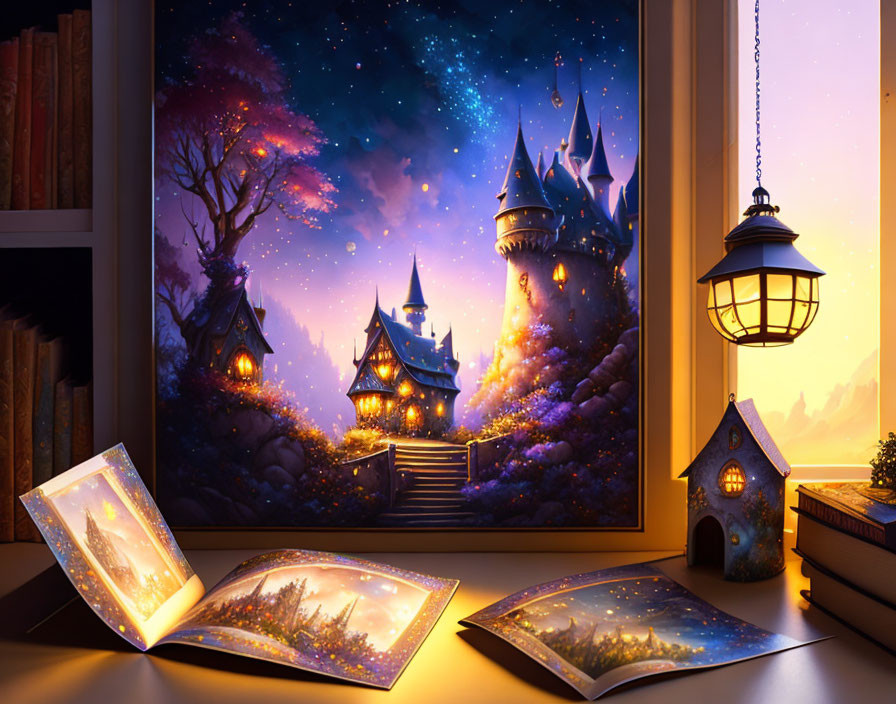 Enchanting book illustration: castle, starry sky, cozy room, lantern.