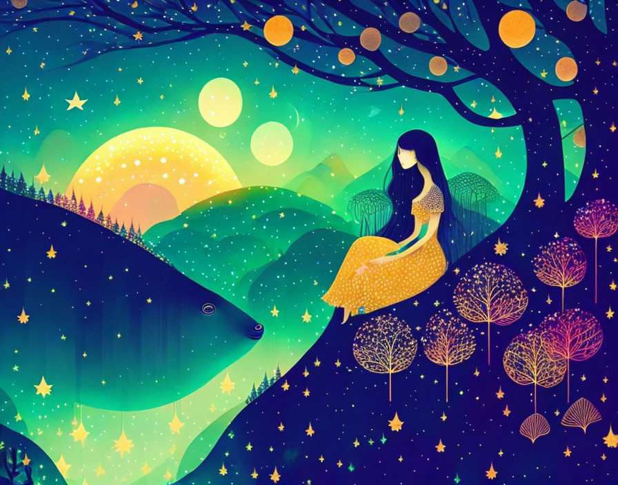 Colorful celestial-themed illustration of a woman under starry sky
