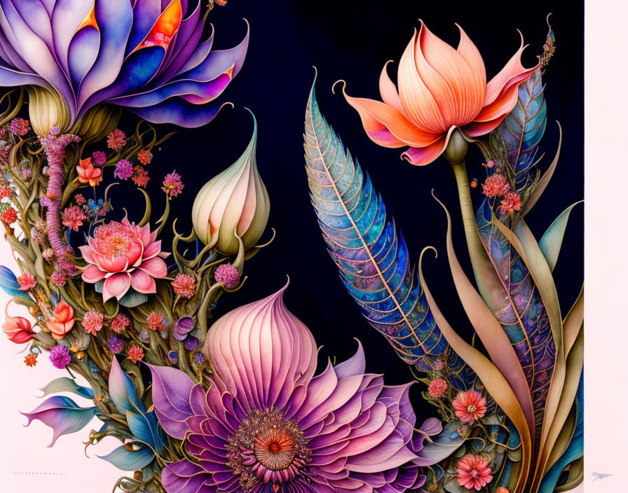 Detailed Illustration of Fantastical Flowers on Dark Background