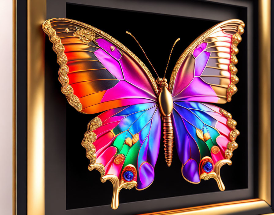 Jewel-Encrusted Butterfly with Rainbow Wings in Golden Frame