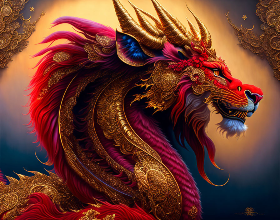 Mythological creature with golden details, red mane, and horns