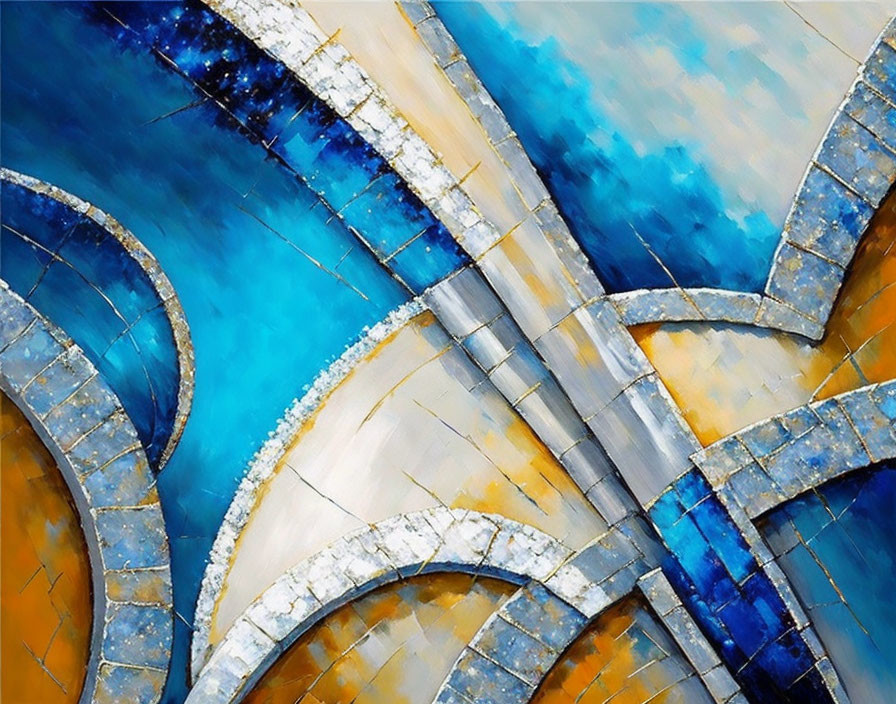Interlocking blue, gold, and white abstract painting with textured strokes
