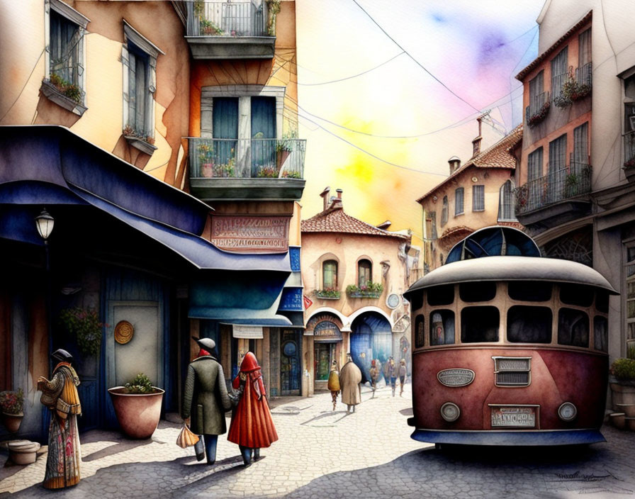Vintage street scene with old tram, pedestrians, and European buildings.