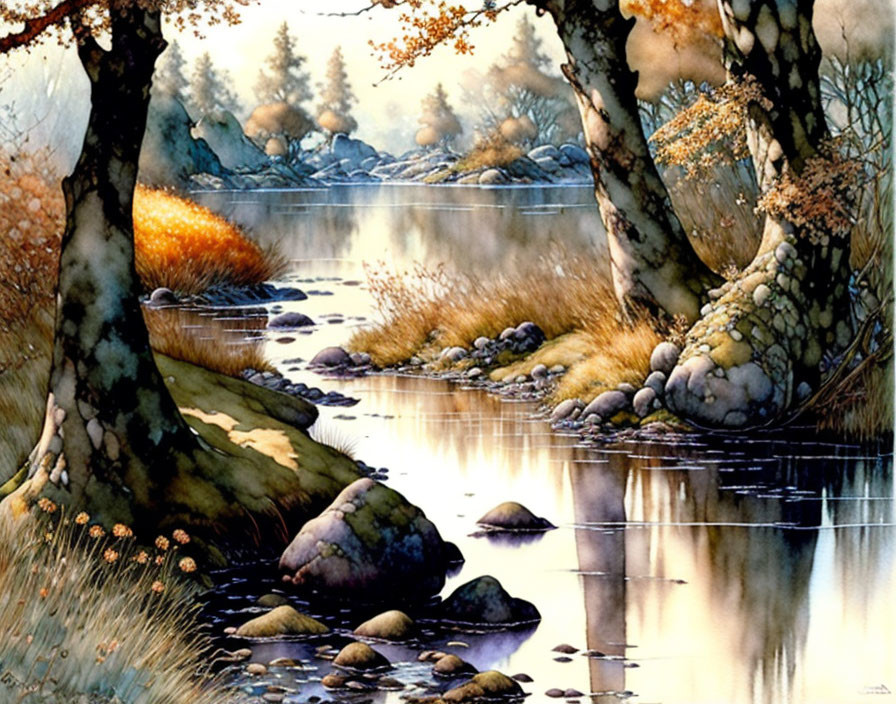 Tranquil watercolor painting of autumn forest stream