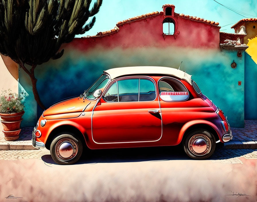 Vibrant red vintage car beside colorful blue house and green tree
