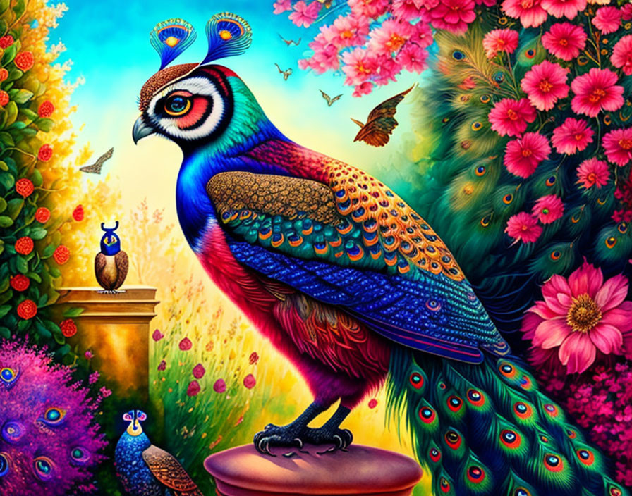 Colorful Peacock Illustration Among Lush Flora and Sky