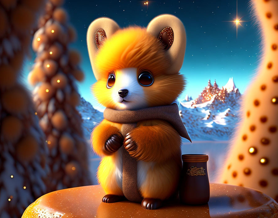 Cartoon bear with scarf holding hot drink in snowy landscape