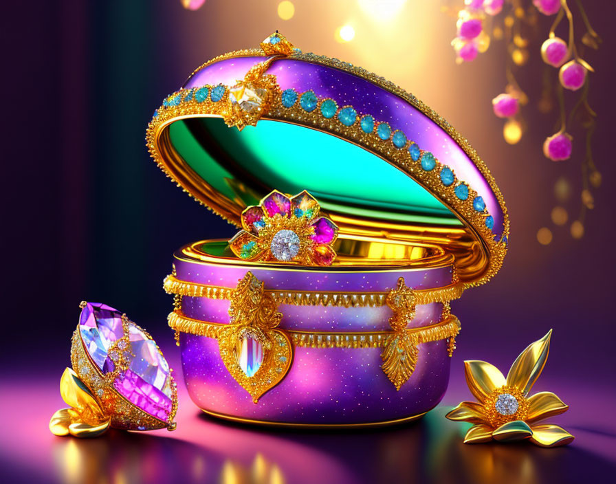 Colorful Jewelry Box Illustration with Gemstones & Golden Details