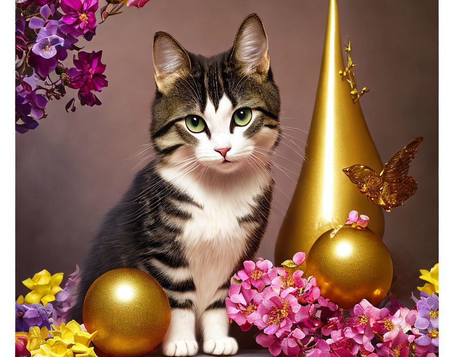 Cat in party hat with flowers, gold ornaments, and butterfly