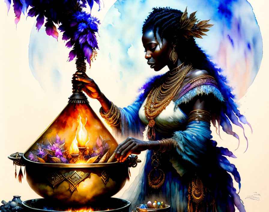 Illustrated woman in traditional attire performing ritual over fiery bowl in ethereal setting