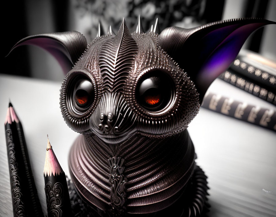 Whimsical creature with orange eyes and bat-like ears on desk with pencils