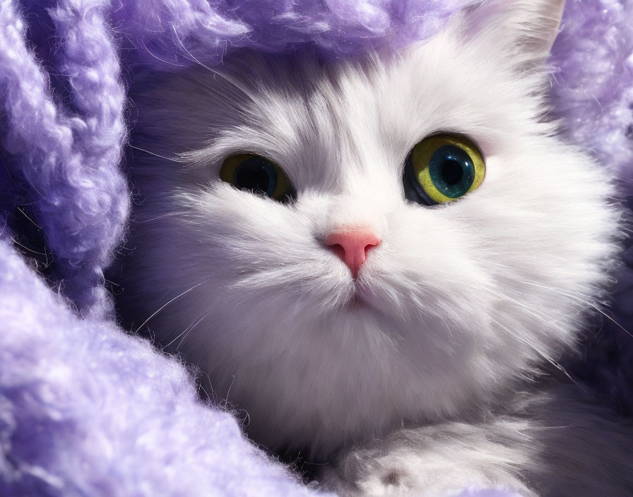 White Cat with Yellow Eyes in Purple Knitted Blanket