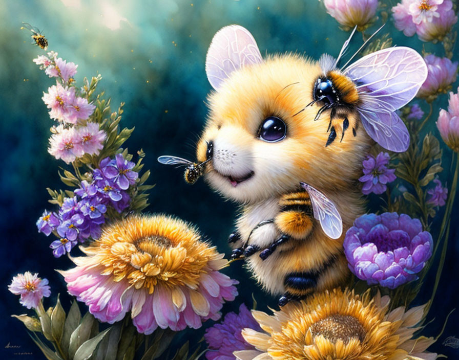 Colorful Illustration: Fluffy Creature with Bee Features Surrounded by Vibrant Flowers