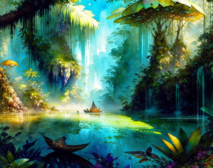 Colorful jungle landscape with river and boats under misty canopy