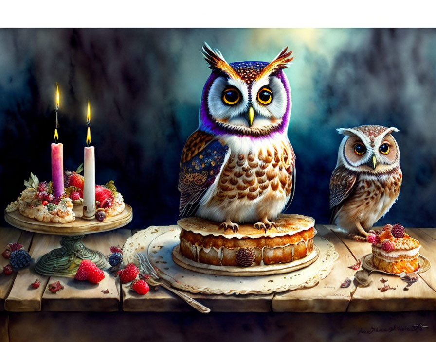 Realistic owl-themed still life with candles, cake, and fruits