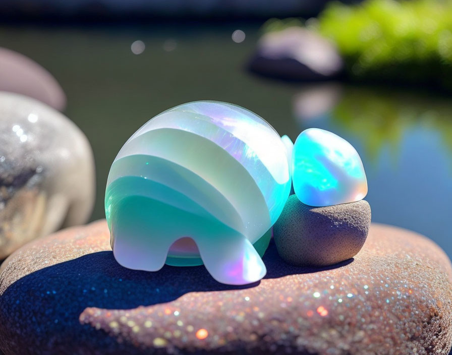 Iridescent Glass Stones on Sunlit Rock by Pond