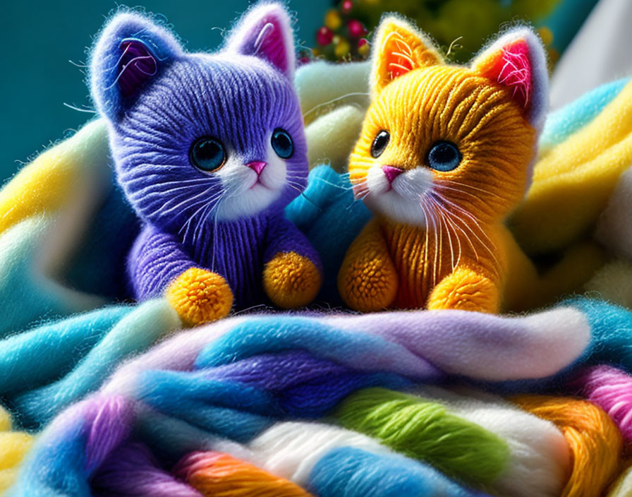 Colorful Plush Toy Kittens with Yarn Strands