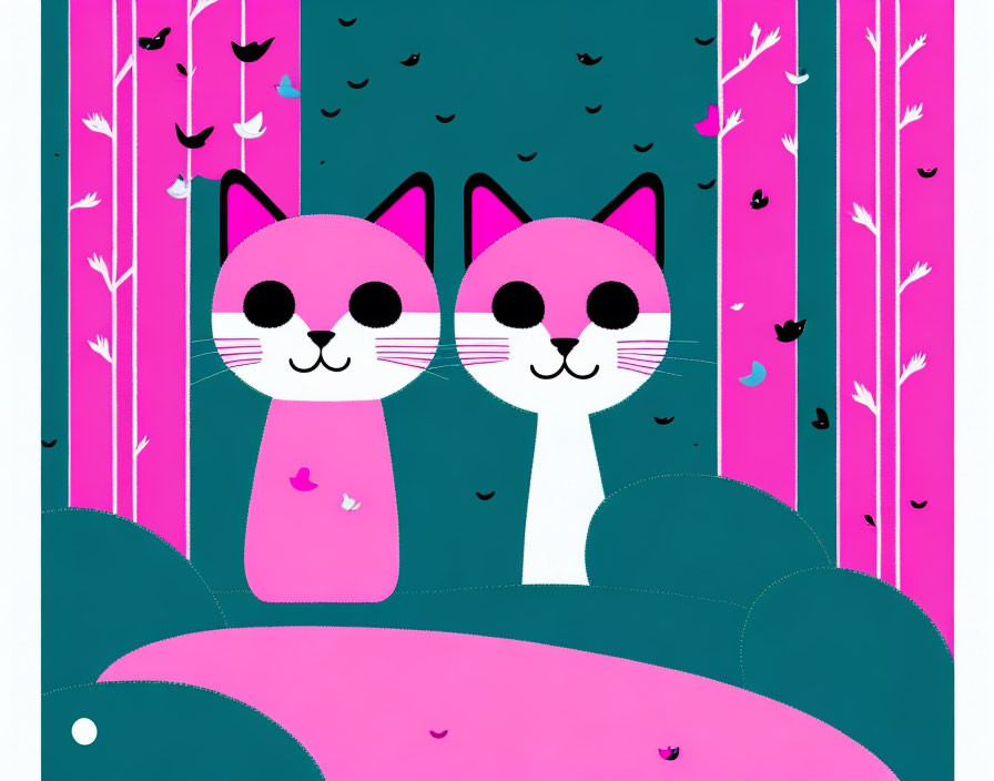 Stylized cartoon cats in pink forest under turquoise sky