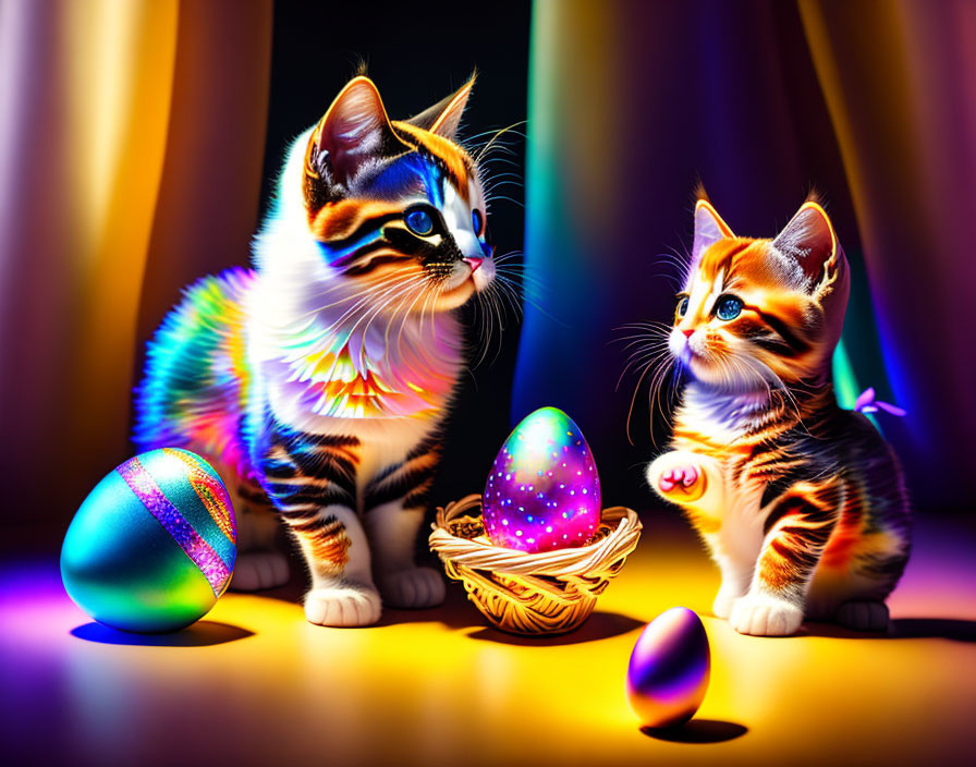 Colorful Easter Kittens with Decorated Eggs and Lights