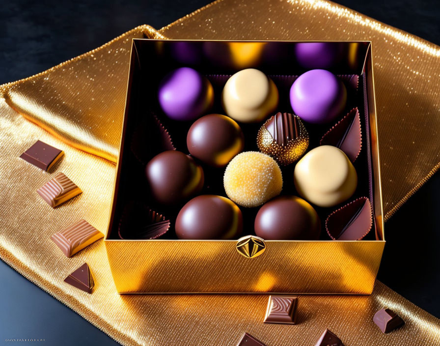 Assorted Chocolates Box on Golden Textile Surface