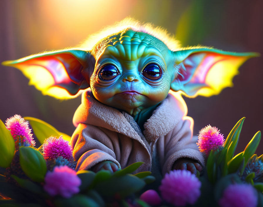 Baby Yoda figure with colorful flowers in warm backlighting