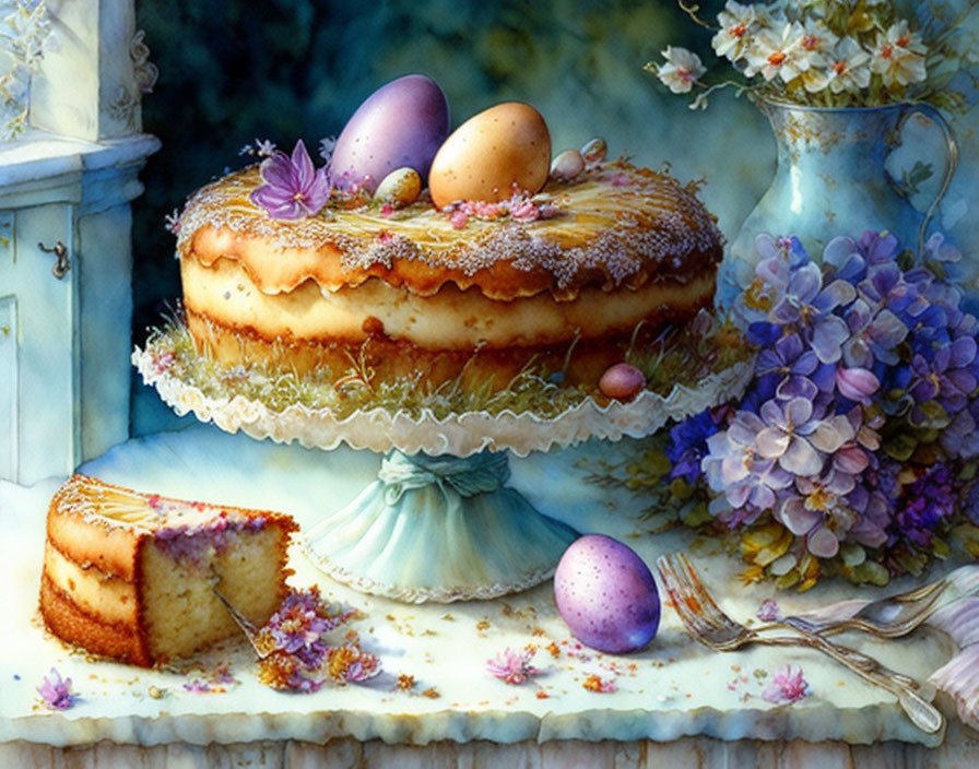 Ornate sponge cake with purple flowers, eggs, and silver fork in floral setting