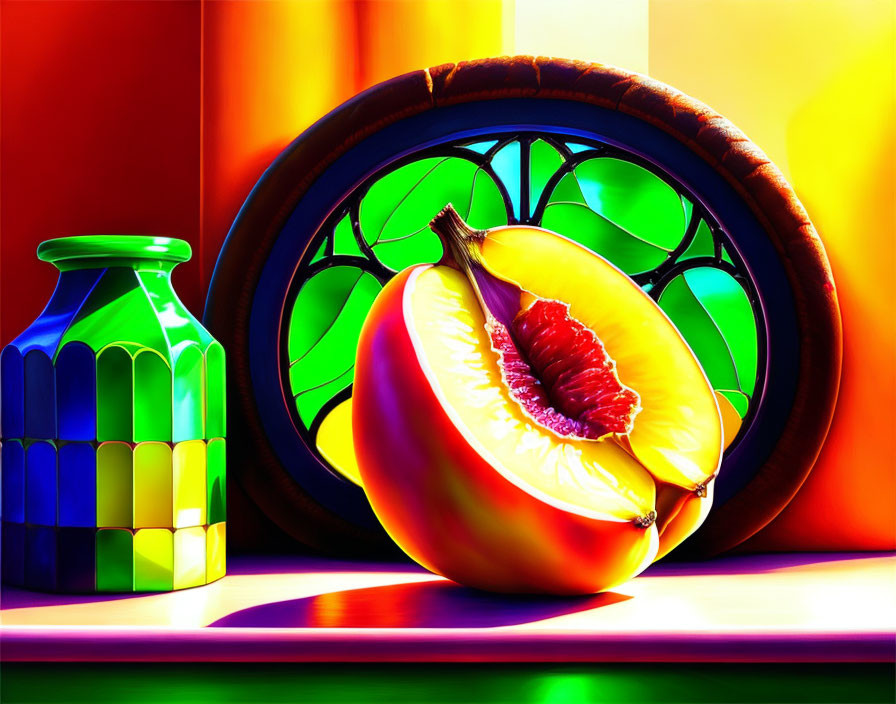 Vibrant still life with green and blue vase, papaya, stained-glass window