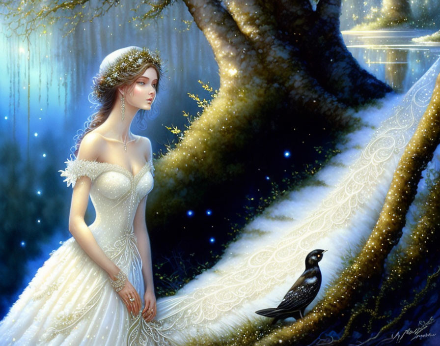 Woman in white dress with gold in mystical forest with blackbird and light particles